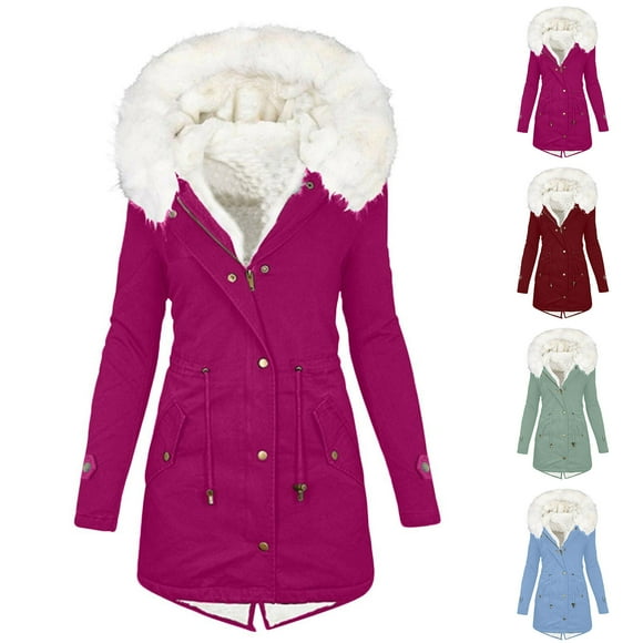 Nfurl Plus Size Winter Coats for Women Thicken Parka with Faux Fur Hood Warm Fleece Lined Zip Up Quilted Jackets Casual Outerwear Wine XL