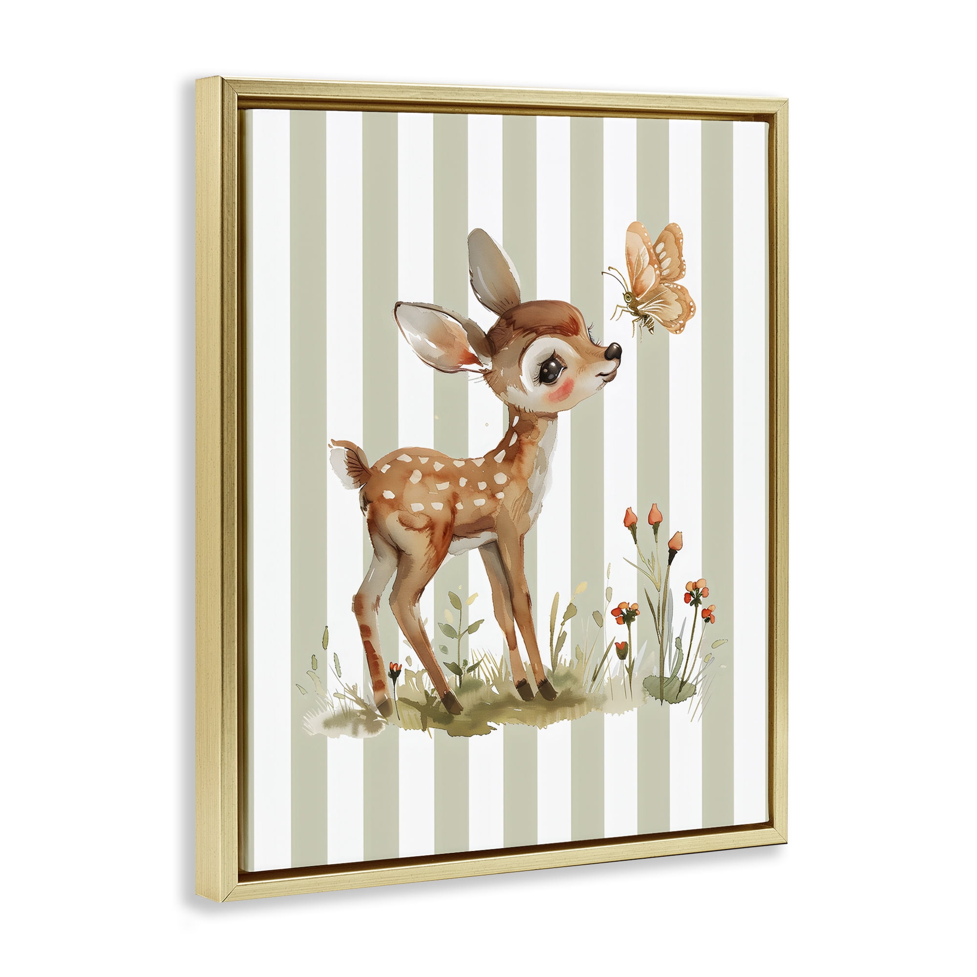 Stupell Industries Baby Deer with Butterfly Gold Framed Floater Canvas Wall Art, design by LSR Design Studio
