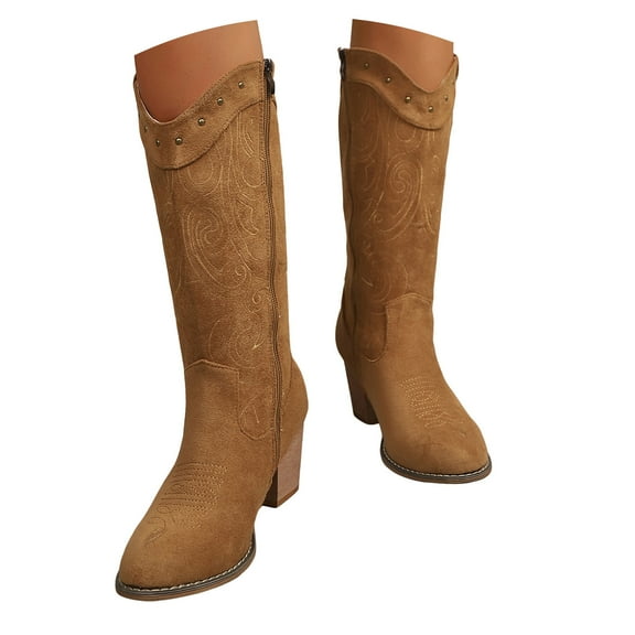 Chenyee Suede Cowboy Boots for Women Western Heel Fashion Studded Knee High Booties