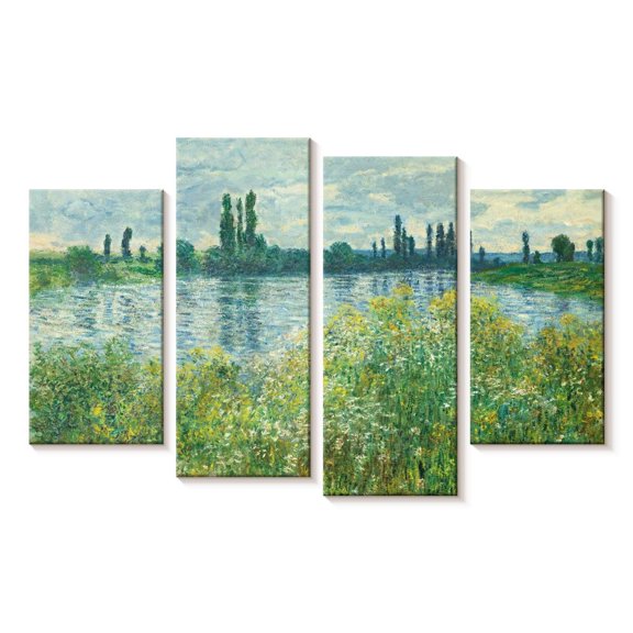 Elephant Stock Banks Of The Seine Vetheuil Wall Art - Horizontal Multi Panel Canvas - Living Room Wall Decor - Nature Multi Panel - Blue And Gray Decor By Claude Monet - 24" x 14"
