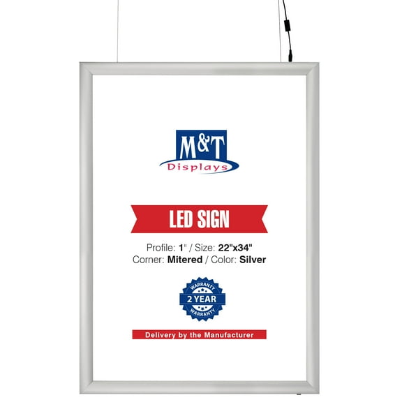 M&T Displays Smart LEDbox LED Backlit Poster Frame 22x34 Inch Silver 1" Aluminum Profile Front Loading Photo Picture Advertisement Sign Holder Mitered Corner Anti Glare Cover