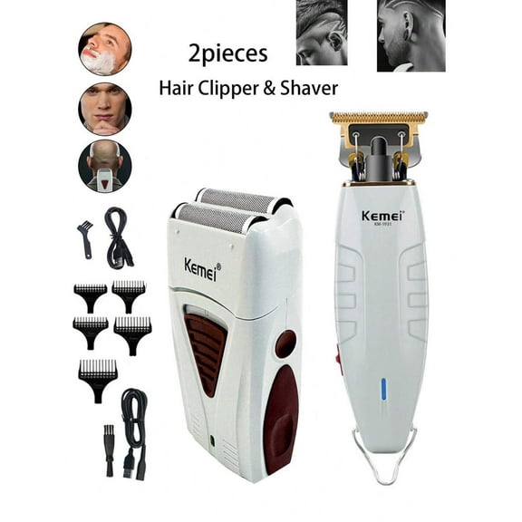 Kemei 2pieces Hair Clipper And Shaver Set KM-1931 And KM-3382 Electric Hair Trimmer For Men 0mm Gapped Carving Head Beard Shaving Machine Set Light Gray Color USB Rechargeable Daily Use