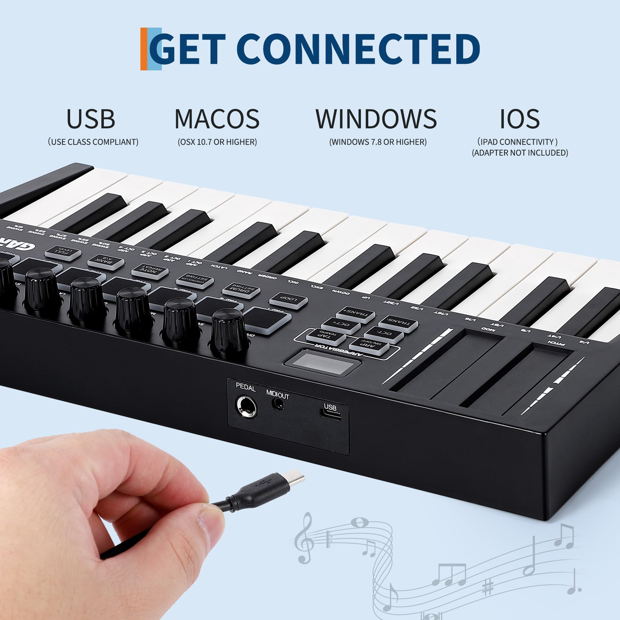 25-Key USB MIDI Keyboard Controller with 8 Pads & Knobs - DAW Integration & OLED Display for Music Production