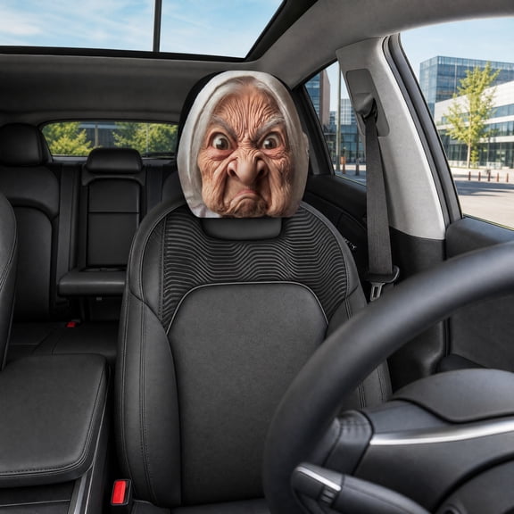 syligr Funny Car Headrest Cover for Vehicle, Grandma Face Print with Stretchable Fabric, Universal Fit Auto Interior Decoration, Soft Breathable Headrest Protector, Easy to Clean and Install