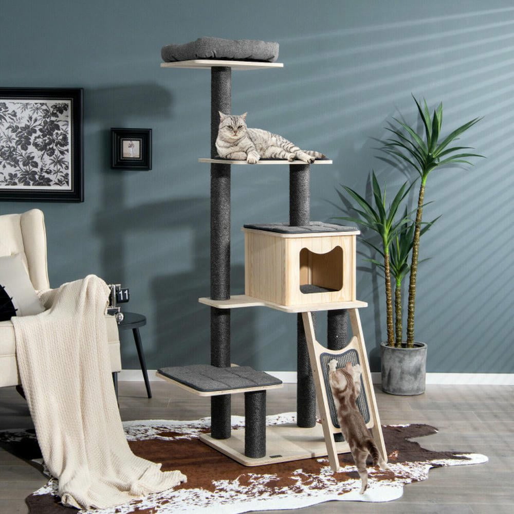 Spaco Cat Tree, 55-Tier Modern Wood Cat Tower with Washable Cushions-Gray, Cat House with Platform Bed, Large Cozy Condo
