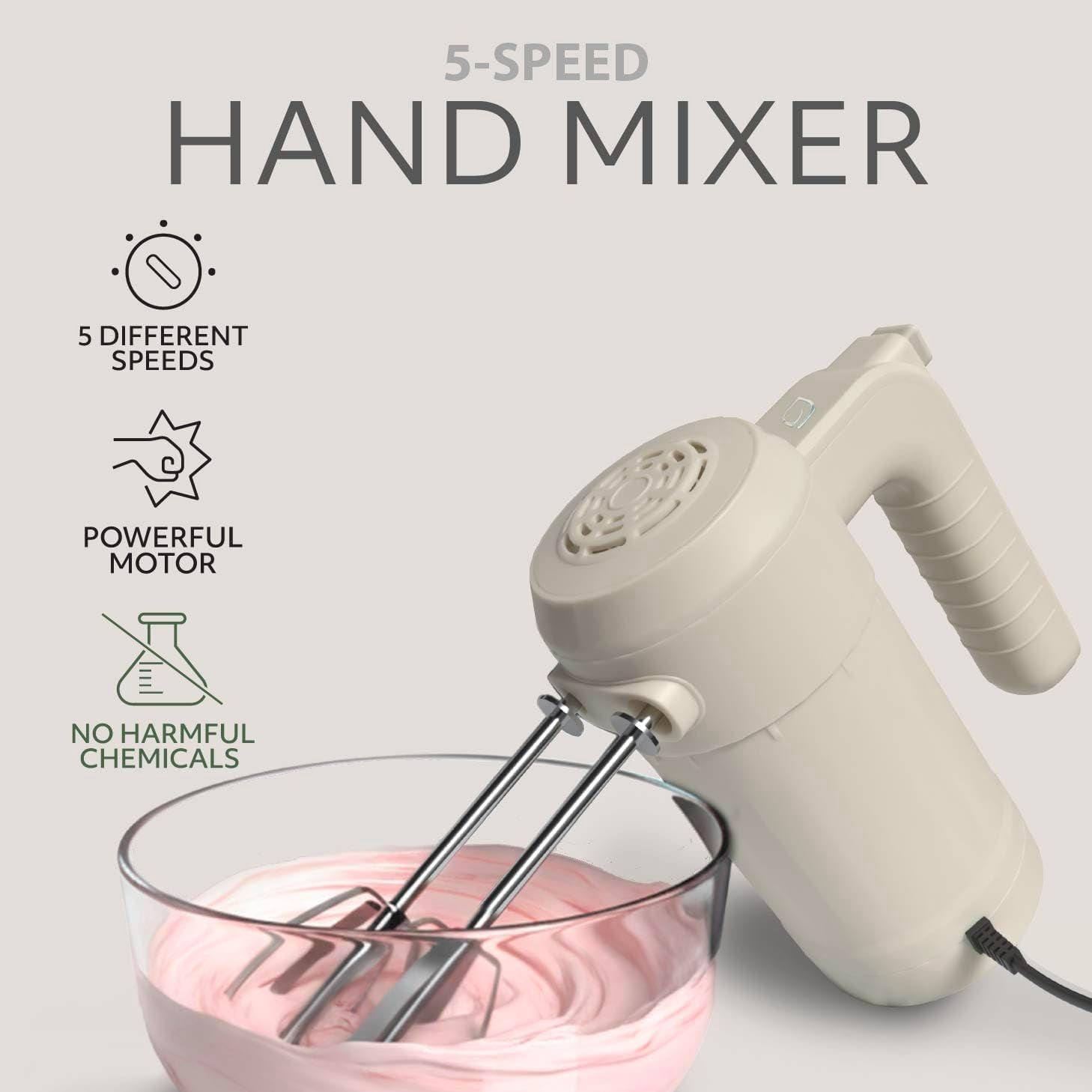 Series Electric Hand Mixer, 5 Speed Ultra Power with Stainless Steel Whisks & Storage  - White