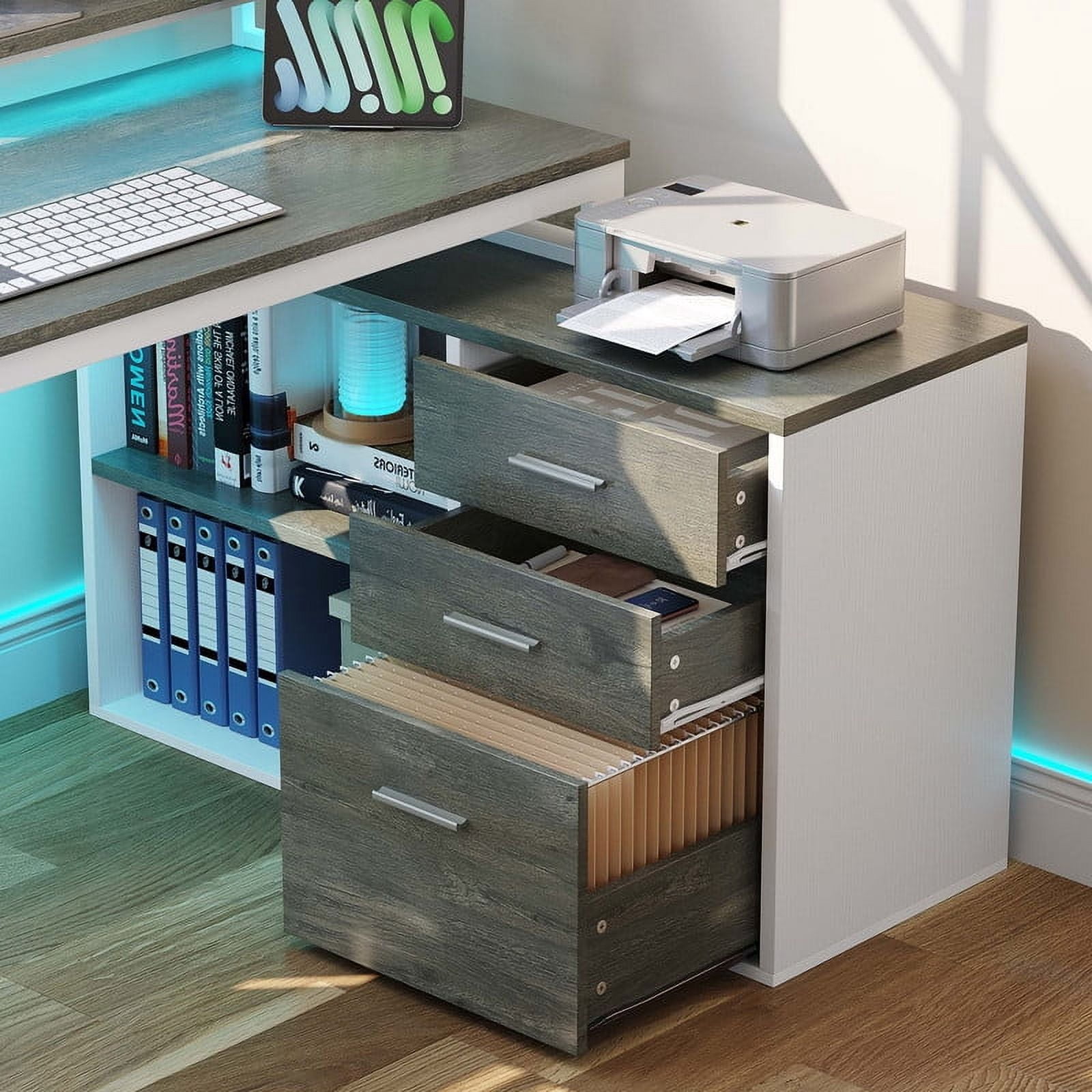 Uforic 55"L Shaped Desk with LED Light, Computer Desk Corner Desk Office Desk Executive Desk, Gray & White