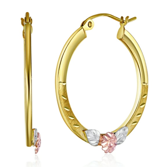 Wellingsale Ladies 14k Tri 3 Color Gold Polished Diamond Cut Fancy Flower Hoop Earrings (23mm Diameter)