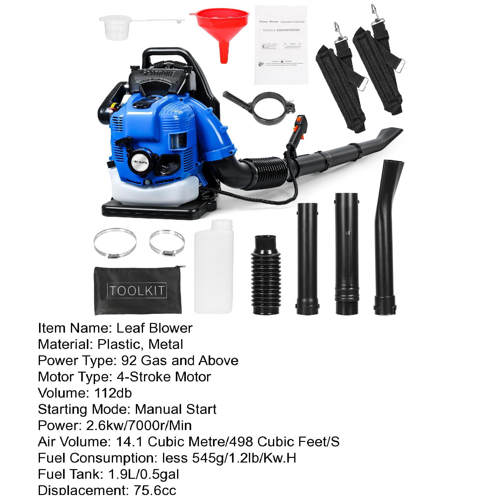Grandest Birch  Leaf Blower with Backpack, Cordless Leaf Blowers for Lawn Care,75.6CC 4 Stroke 550CFM ,Backpack Snow Blower,for Street Blowing Leaf, Snow Blowing, Dust,Blue