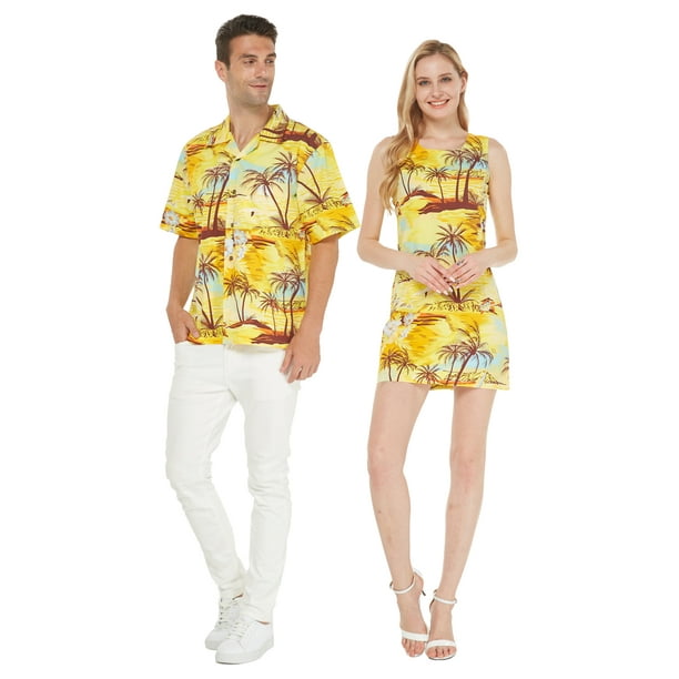 Couple Matching Hawaiian Luau Cruise Outfit Shirt Dress Sunset Patterns