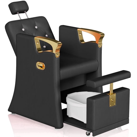 KIGOTY Reclining Pedicure Chair No Plumbing, Pedicure Station with Foot Bath & Hidden Platform, Adjustable Nail Salon Chair for Manicure Pedicure，Black-Gold