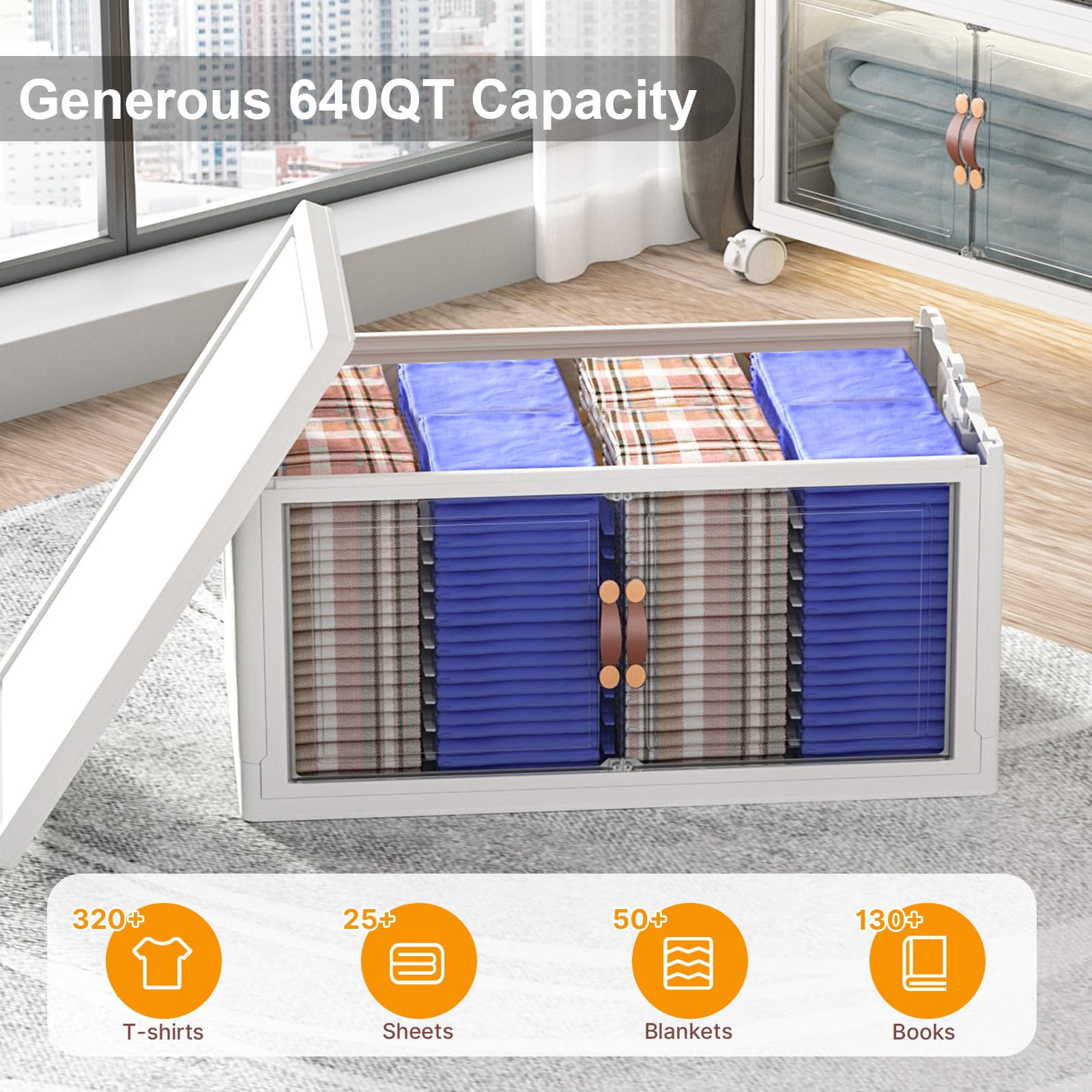 UAMFURI 640QT Stackable Storage Bins with Lids and Wheels, Foldable Closet Organizers, 40GAL*4Pack Plastic Storage Drawers for Kitchen, Bedroom, Dorm