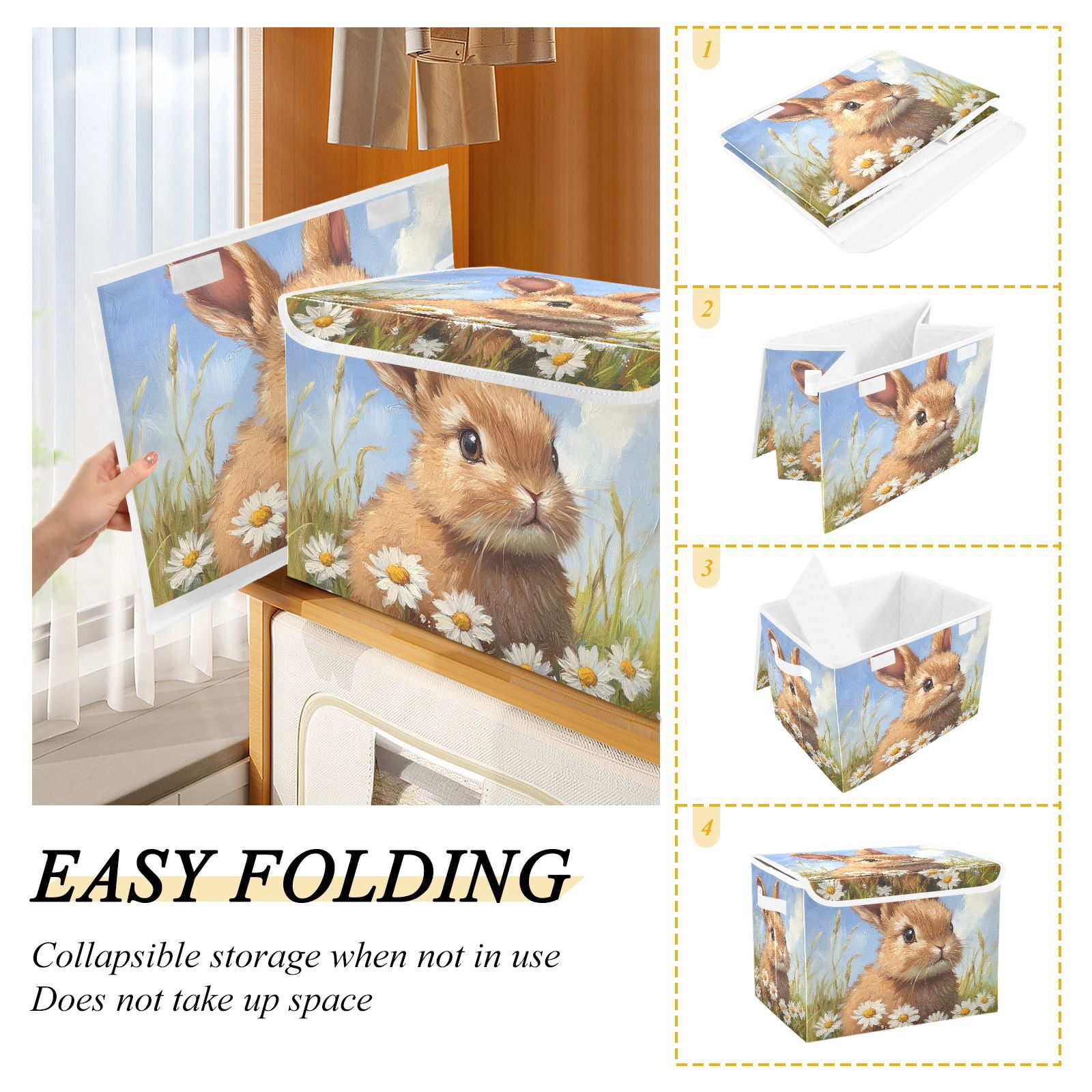 Easter Rabbit Flowers Daisy Storage Basket for Shelves Foldable Container Organizer for Organizing Toys Clothes Books with Handles
