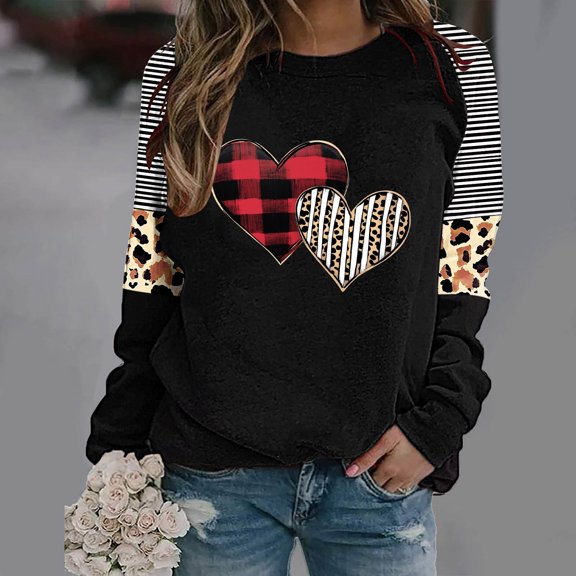 Valentines Day Sweatshirts, Heart Print Sweatshirt for Women, Crew Neck Long Sleeve Sweatshirts Women Valentine's Day Love Printed Raglan Long Sleeved Sweatshirt