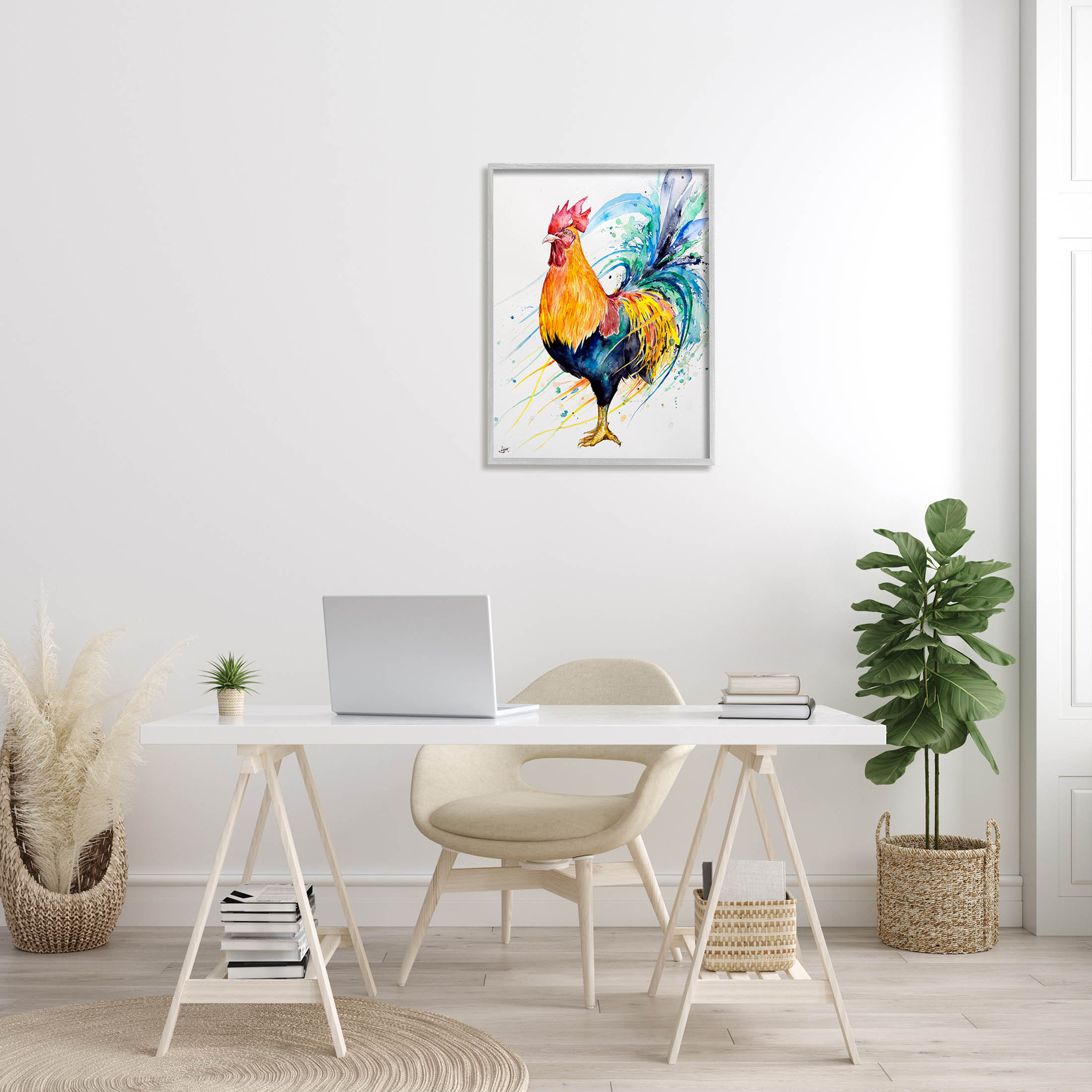 Modern Rooster Rainbow Splatter Animals & Insects Graphic Art Gray Framed Art Print Wall Art