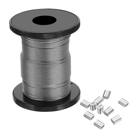 Uxcell 3/64" Wire Rope, 98 ft 304 Stainless Steel Bright Aircraft Cable Wire Rope with 25pcs Crimping Sleeves for Hanging Lights Clotheslines Trellis Wire, Silver