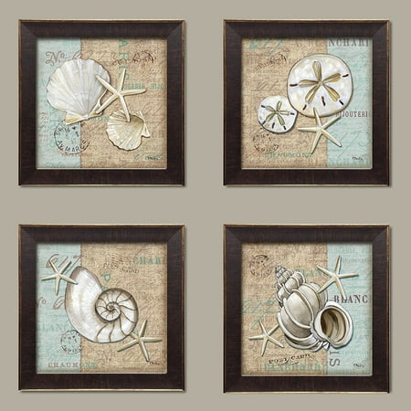 Postcards Framed Art Wall Decor - Trendy Coastal Art Shells on Linen and Postcard Style-background; Coastal Decor Set, Four 12 by 12-Inch Gold Trim Brown Framed Prints