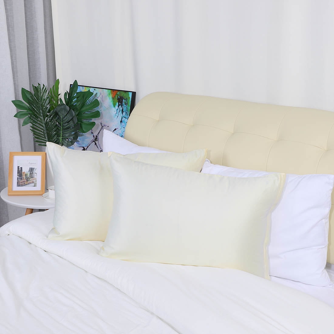 Unique Bargains Set of 4 Silky Satin Pillowcases Pillow Cover Cream Standard