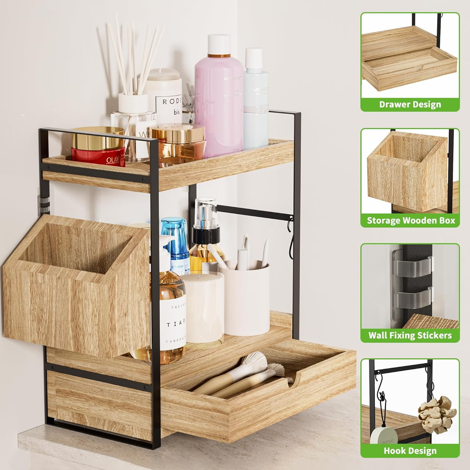Gijjgole 2-Tier Bathroom Counter Organizer with Drawer and Basket, Wood Countertop Organizer for Storage, Skincare Organizers for Vanity, Counter Shelf for Bathroom Organization
