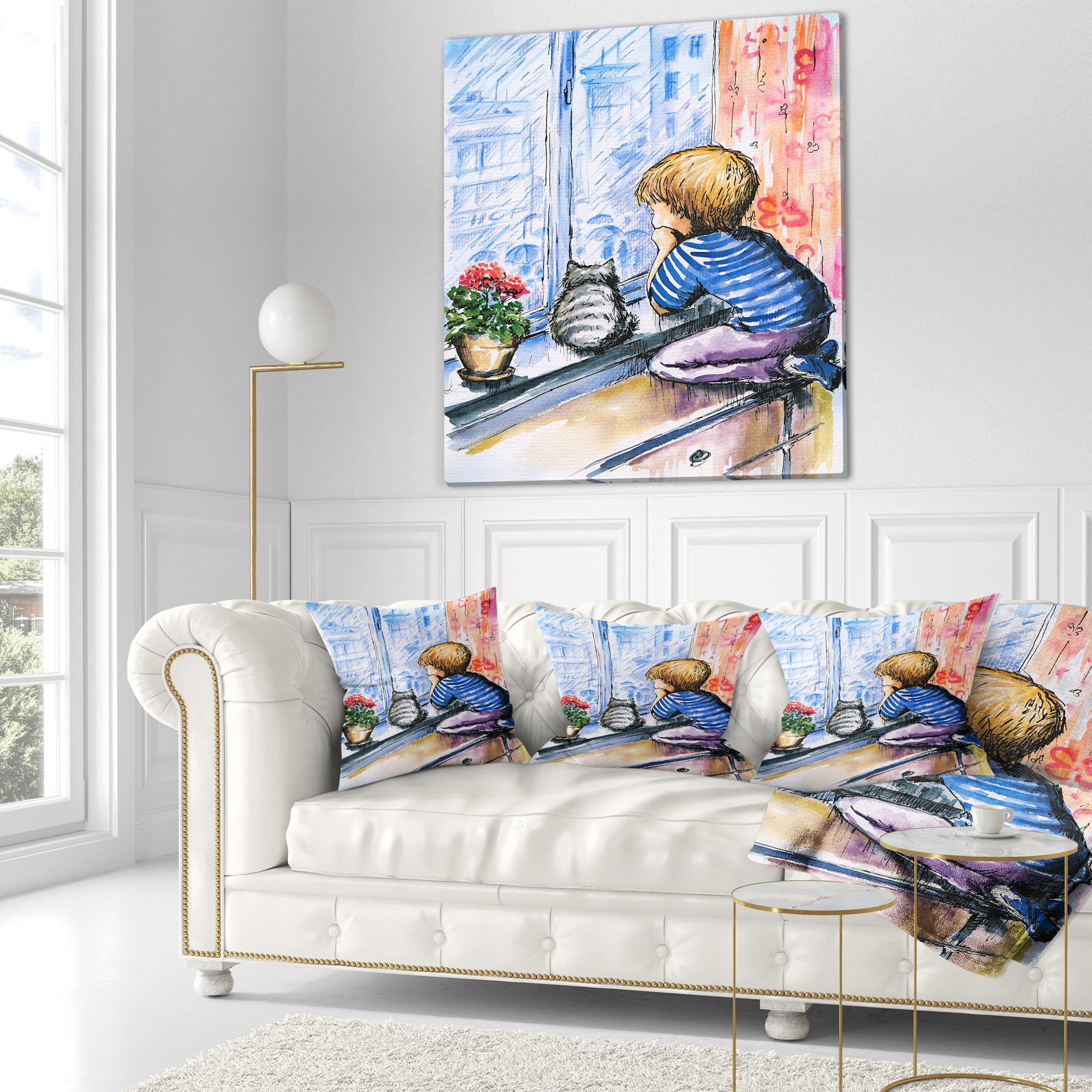 Designart Little Boy and Cat Watching City - Modern Portrait Throw Pillow - 18x18