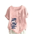 thumbnail image 2 of Teissuly Women Casual Cotton And Linen Top Ocean Fish Printed Short Sleeve Button Tunic T-shirt Blouse Tops, 2 of 4