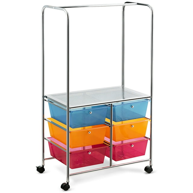 Costway 6 Drawer Rolling Storage Cart w/Hanging Bar Office School Organizer Multicolor