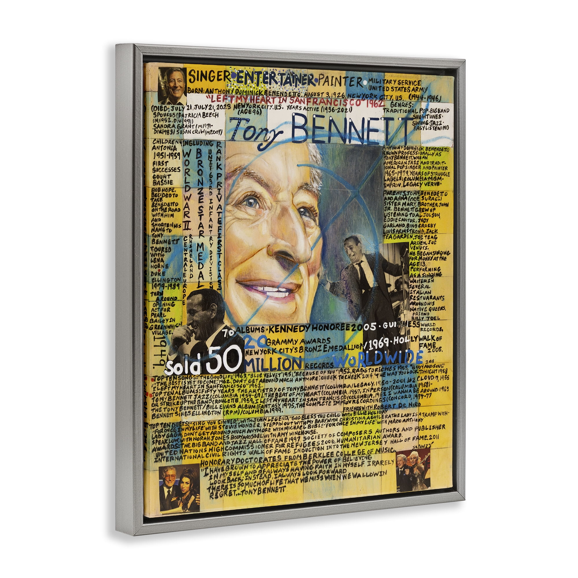 Stupell Industries Tony Bennett Collage People Drawing Gray Floater Framed Canvas Art Print Wall Art, 17 x 21