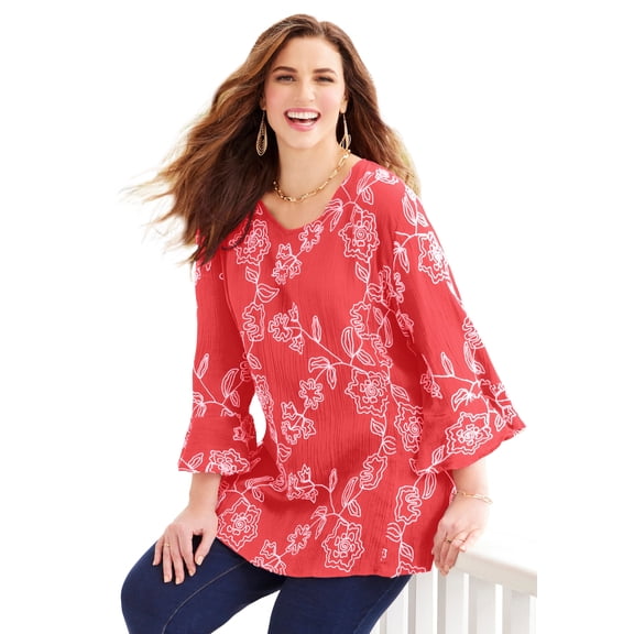 Catherines Women's Plus Size Embroidered Gauze Tunic