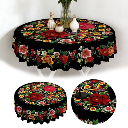 Mexican Floral Tablecloth for Dining Table Rectangle and Round Size with Scalloped Edge Vibrant Colorful Folk Art Pattern Table Cover (Watermelon Red Rectangle 152 x 152 cm)