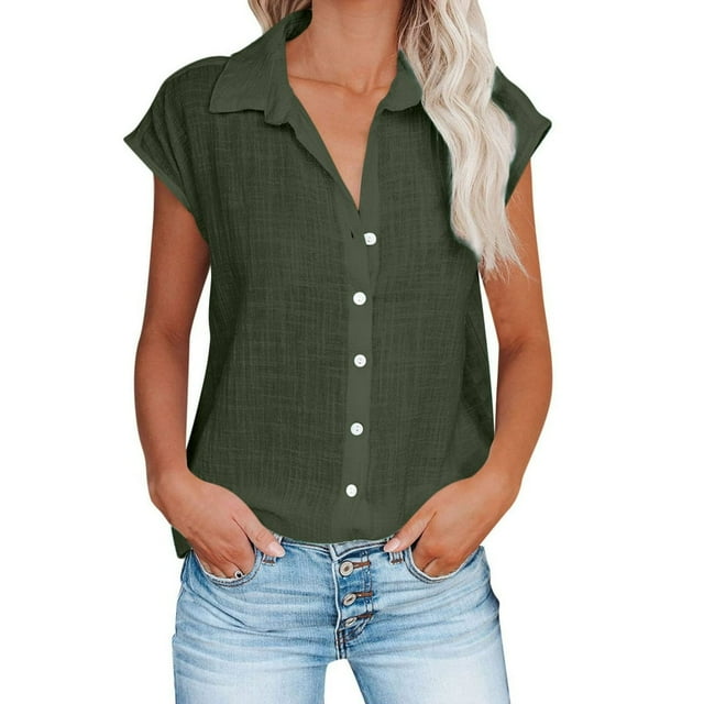 CHOK Linen Shirts for Women Button down Short Cap Sleeve Blouse Loose Comfy Fitted V Neck Collared Causal Basic Shirts for Work (Large Light Blue 49)