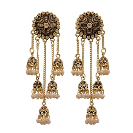 Crunchy Fashion Bollywood Jewellery Traditional Ethnic Bridal Bride Wedding Bridesmaid Retro Big Gold Jhumka With White Beads Long Chain Tassel Hangers Earrings