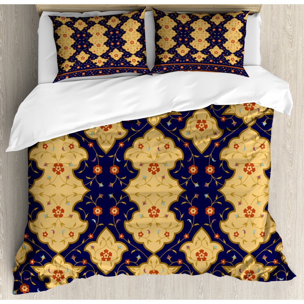 Moroccan King Size Duvet Cover Set, Traditional Arabic Border Visual