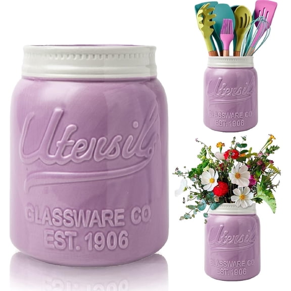 Comfify Ceramic Mason Jar Utensil Holder for Countertop Kitchen Use, Purple