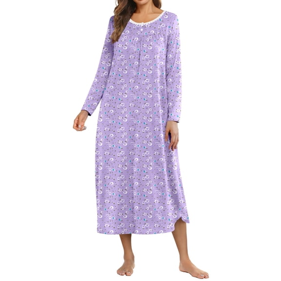 KISSGAL Nightgowns for Women Floral Long Sleeve Henley Sleepshirt Full Length Nightdress Sleepwear with Pockets S-3XL