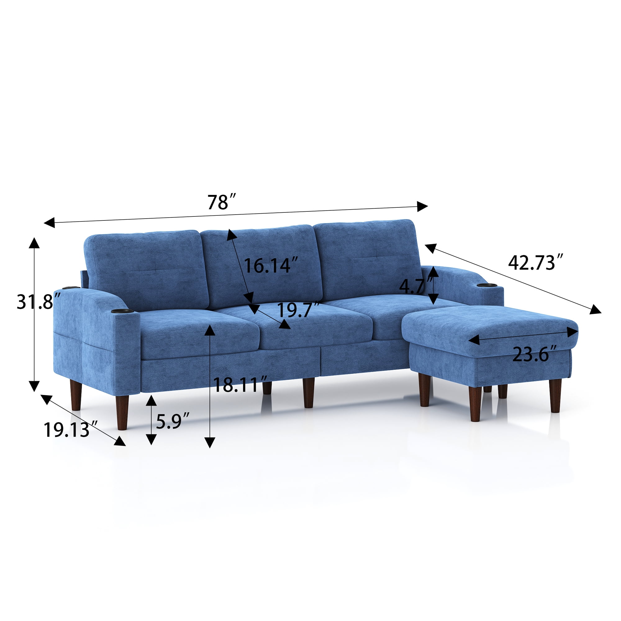 Aukfa L Shaped Sectional Sofa with USB Ports and Cup Holders, 78" 3 Seater Couch with Storage Ottoman, Blue