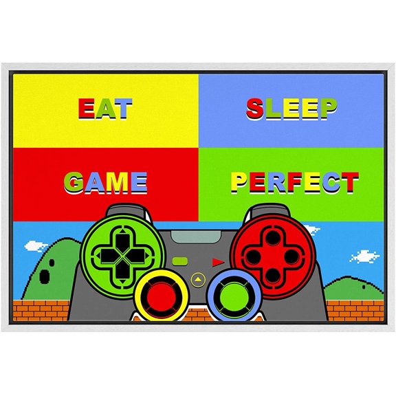 IDEA4WALL Framed Canvas Art Wall Decor Mario Video Arcade Playstation Console-Eat, Sleep, Game, Repeat Pop Culture Media Illustrations Pop Art Modern for Dorm Home Office - 24"x36"