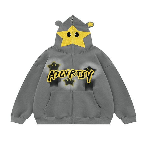 Y2k Hoodie Men Women Black Star Print Full Zip Up Hoodie Oversized Sweatshirt Trendy Streetwear S/M/L/XL