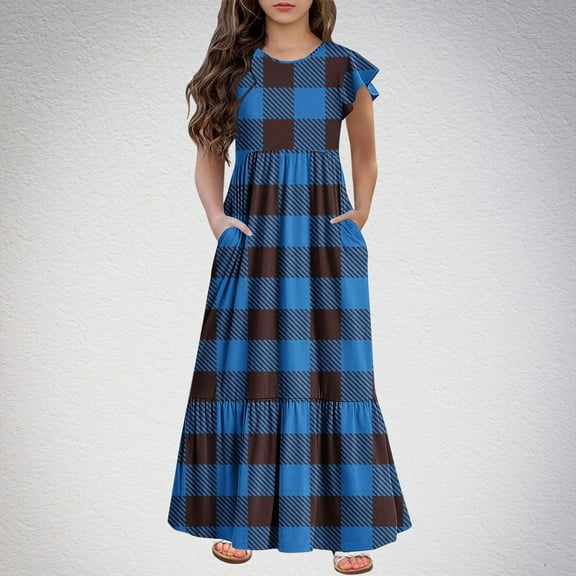 Spazoro Kids Girls Dresses, Plaid Fashion Round Neck Short Sleeve Princess Dress for Child Girls Blue Size 12 T