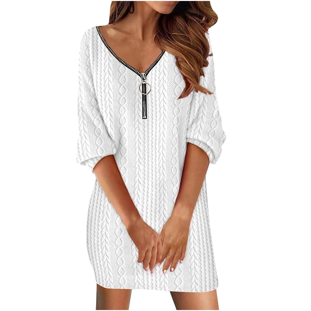 cfhntfmh Robe Chandail Femme Côtelée Tricotée Tendance Col en V Fermeture à Glissière Mini Robe Confortable Manches Longues Automne Hiver Robe Chandail