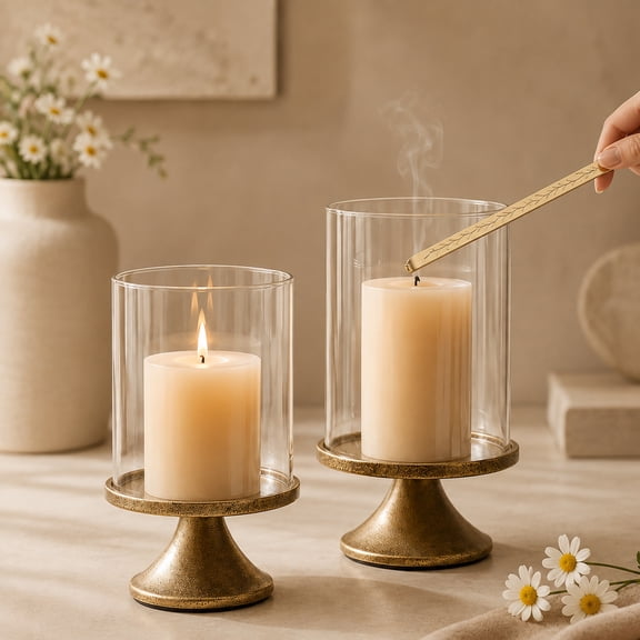 2Pcs Hurricane Candle Holder Set with Glass Dome & Iron Base, Elegant Decorative Pillar Candle Holder for Living Room, Dining Room & Bedroom Centerpiece, Home Décor, Wick Dipper Included