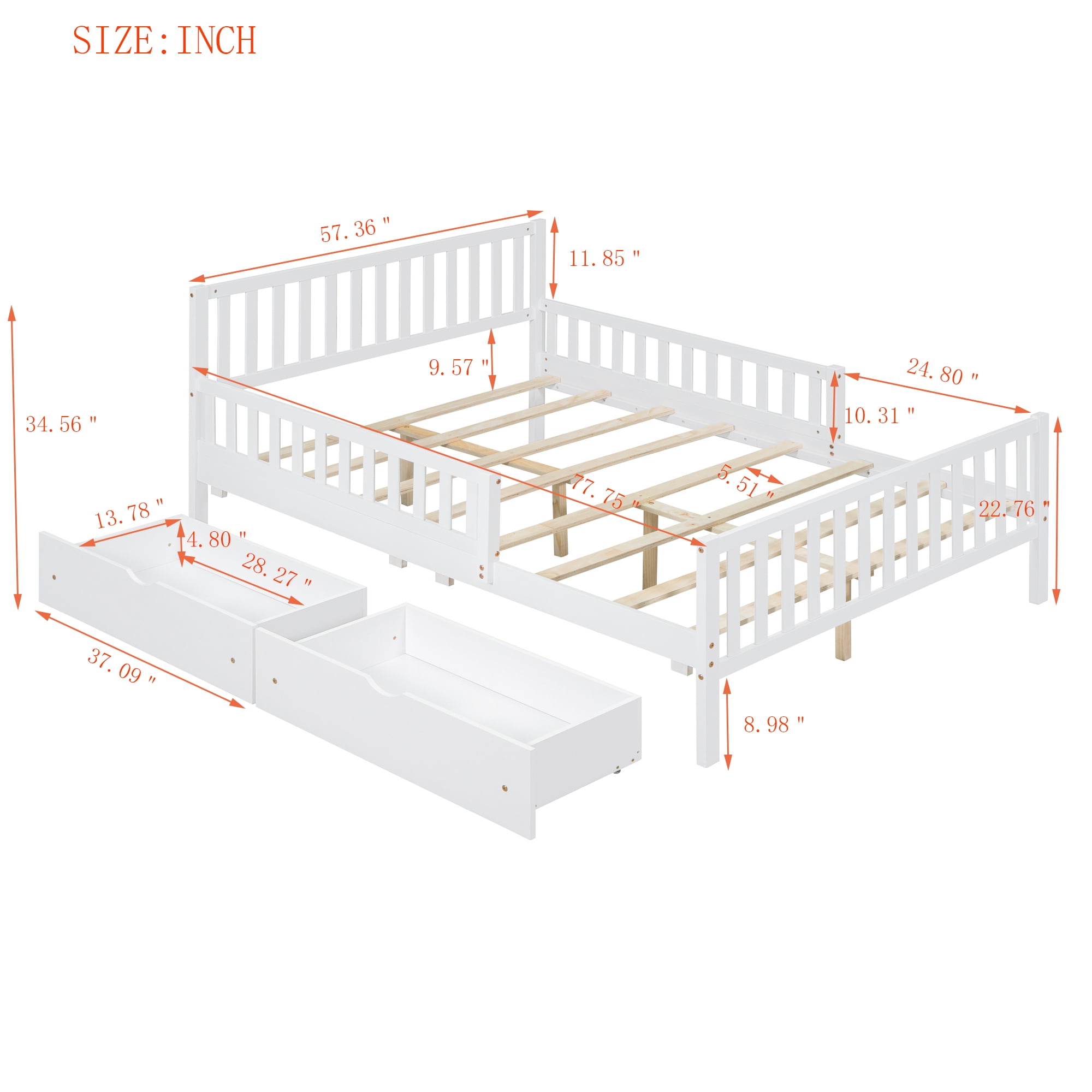 Aukfa Full Size Platform Bed with Storage Drawers and Safe Rails, Wood Bed Frame, White