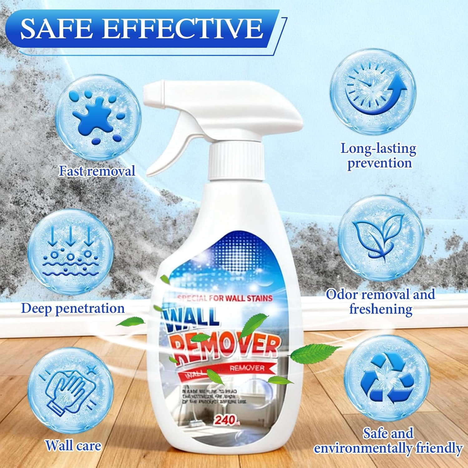 Fiell Wall Mold Remover Spray, Powerful Mold Stain Remover, Multi-Surface Cleaner For White Walls Wood Tile Fabric Bathrooms Kitchens 240Ml Spray Bottle, Safe & Effective Home