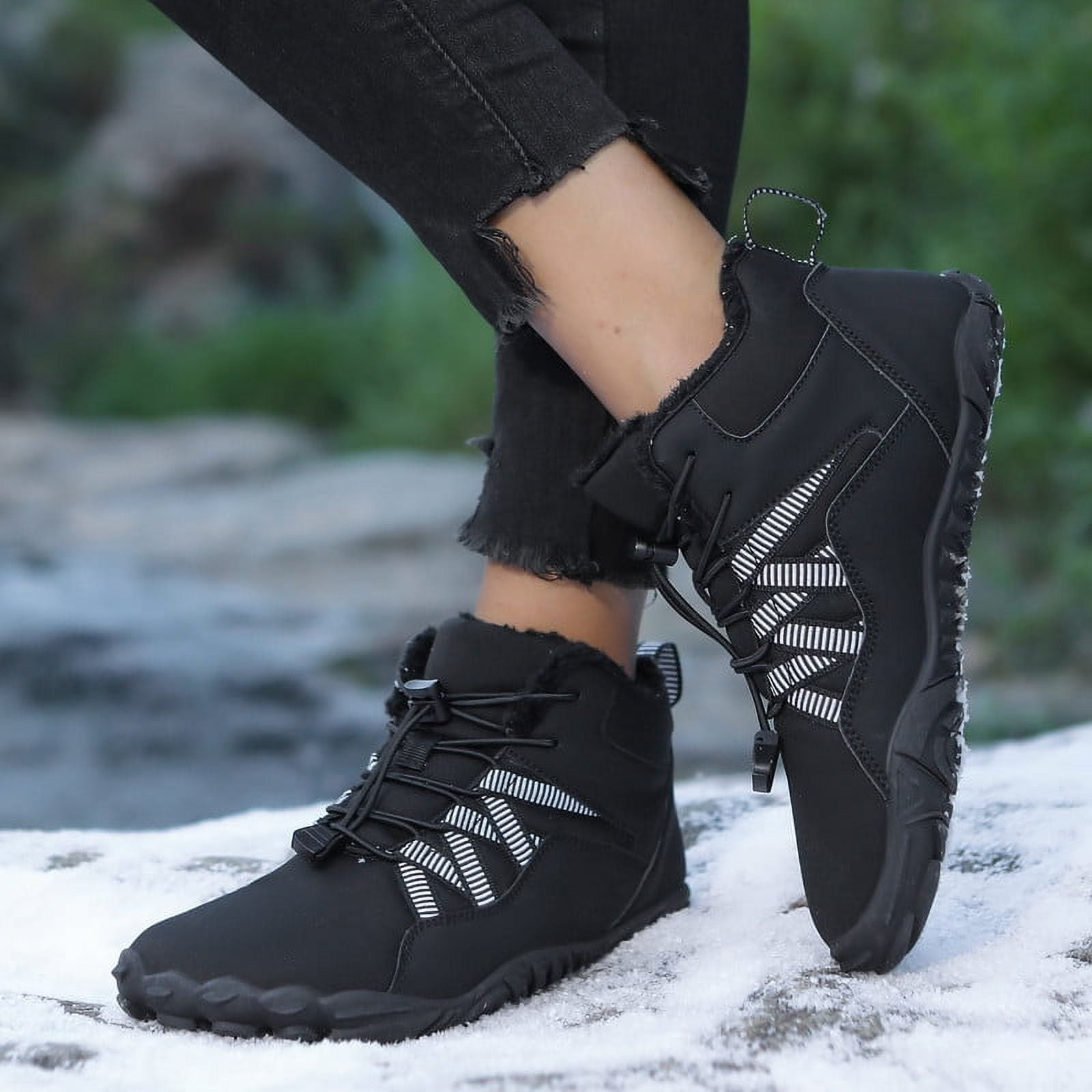Stepedia Women's Men's Wide Toe Box Winter Snow Boots Barefoot Waterproof Hiking Shoes, Black 10.5 Women/9.5 Men
