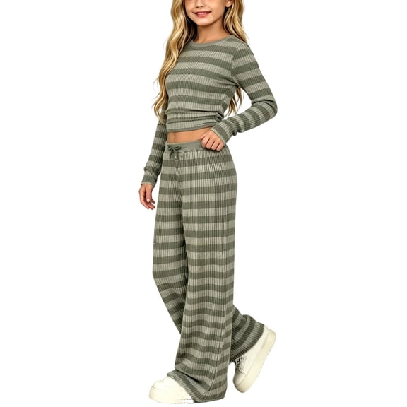 Xdegoge Girls 2 Piece Outfits Striped Ribbed Knit Long Sleeve Crop Top and Wide Leg Pants Set Casual Lounge Sweatsuits for Kids Fall Wear