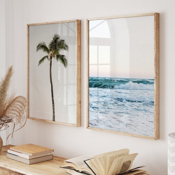 Luvia Palm Tree Ocean Prints Set Of 2, Tropical Coastal Boho Blue Beach Posters, 2 Piece, Modern Wall Decor Set 2 Prints 8x12 UNFRAMED
