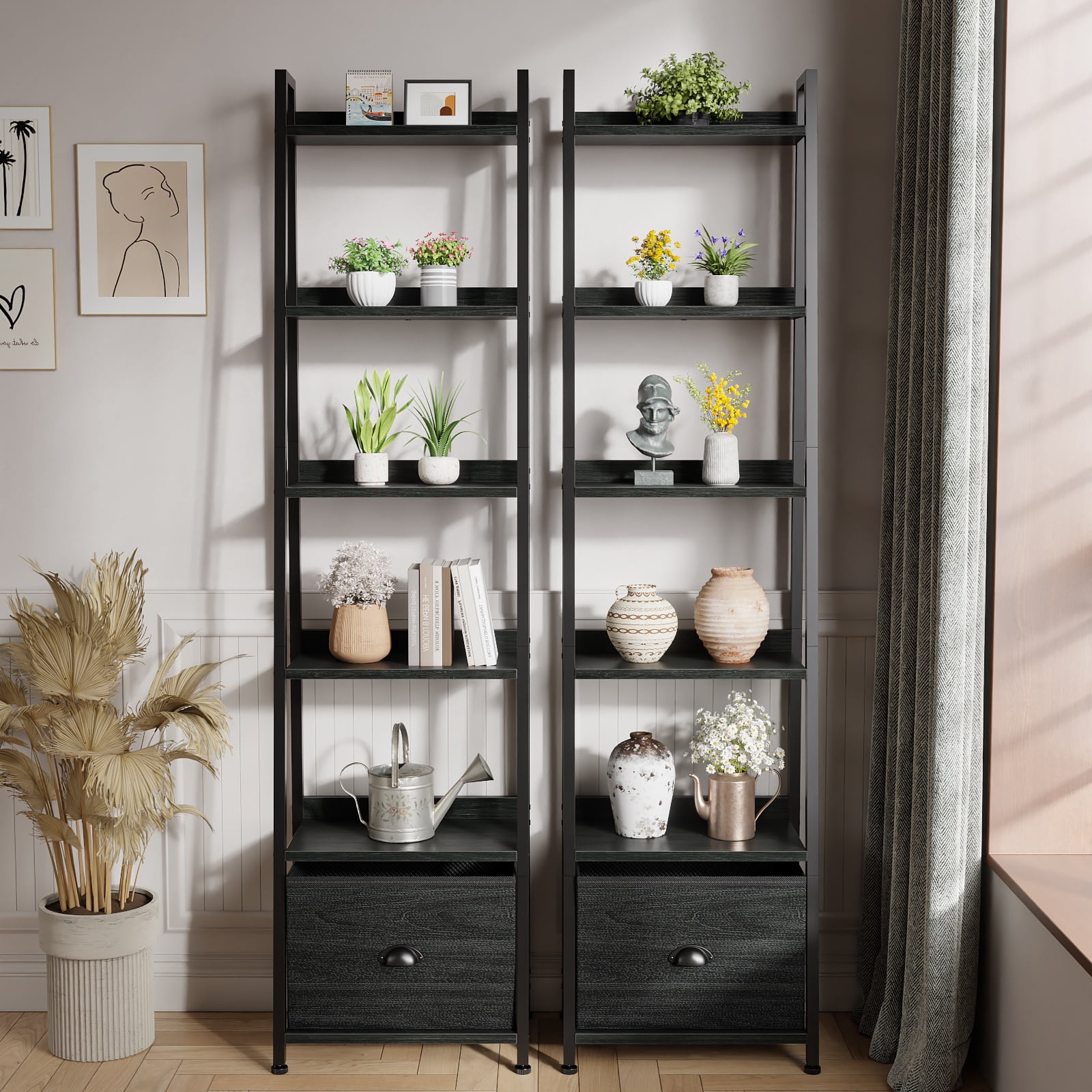 Tydimor 6-Tier Leaning Ladder Bookshelf with Removable Fabric Drawer, Black Oak Bookcase with Backboard Protection, Waterproof Anti-Scratch Storage Shelf for Living Room Bedroom Home Office
