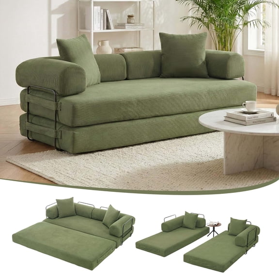 CAPCAEK 78.5" Convertible Sofa Bed, Corduroy Foldable Sleeper Loveseat with Memory Foam and 2 Pillows, Green