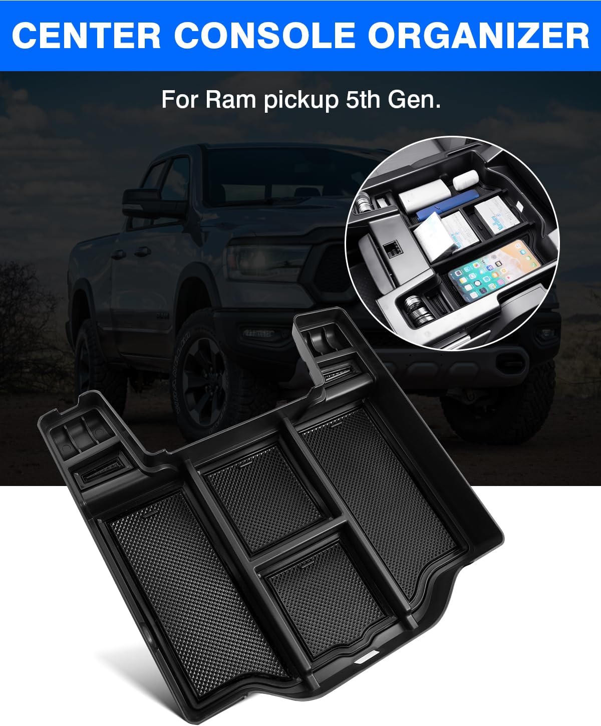Canvcle Center Console Organizer for 2019-2025 Dodge RAM 1500 2500 3500 Accessories Armrest Storage Box Secondary Insert Tray with 2 Color Mats (Full Console w/Bucket Seats ONLY)