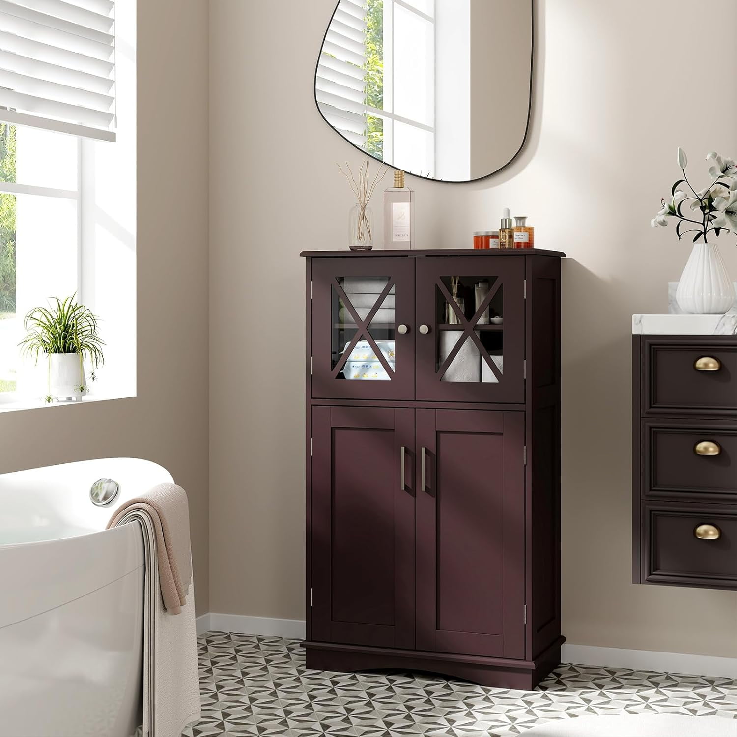 Bathroom Floor Storage Cabinet - Linen Floor Cabinet with Doors and Adjustable Shelves, Freestanding Side Storage Organizer for Bathroom, Living Room, Entryway, Kitchen Storage Unit (Brown)