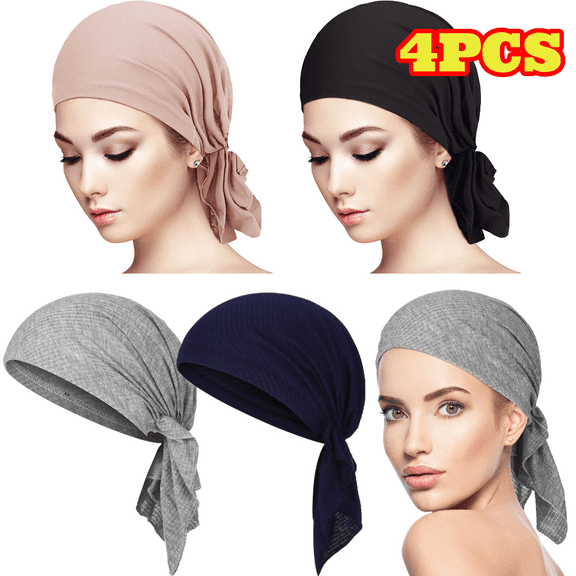 4pcs Head Scarf for Women, Slip On Pre-Tied Head Scarves Cancer Headwear Turban Hat Beanie Caps